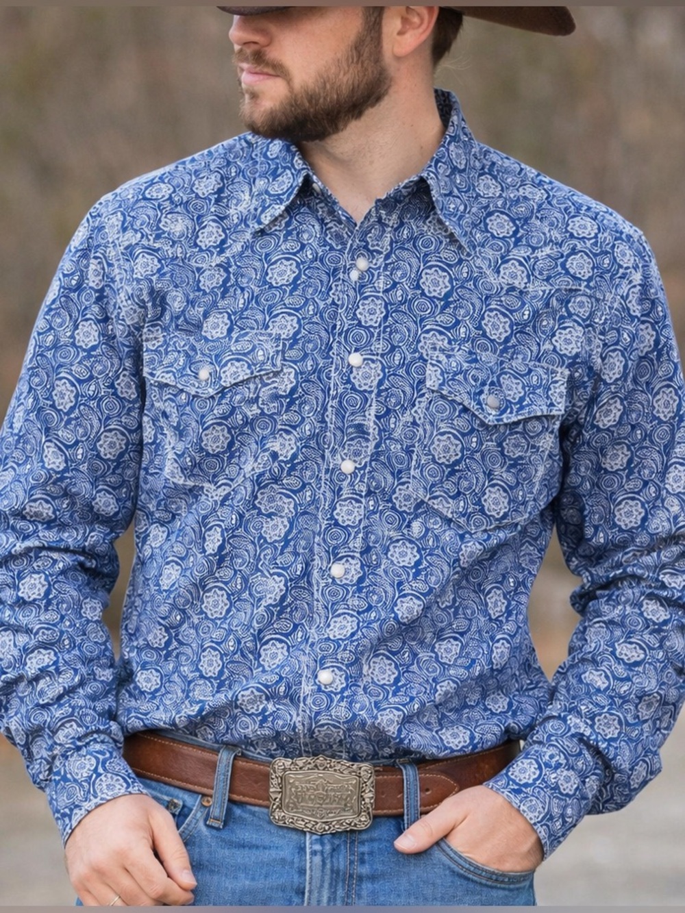 Wrangler‎ 20X Competition Long Sleeve Blue Floral Print Western Snap Shirt Men L